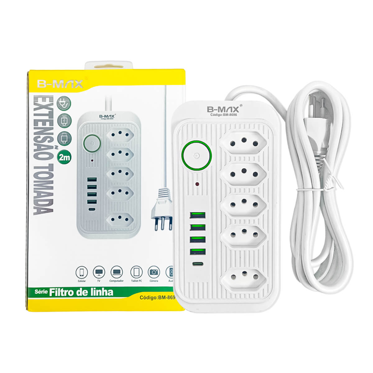 Extensao 5 Tomadas + 4 USB + USB - C Filtro de Linha B - Max - Meu Estilo Shop