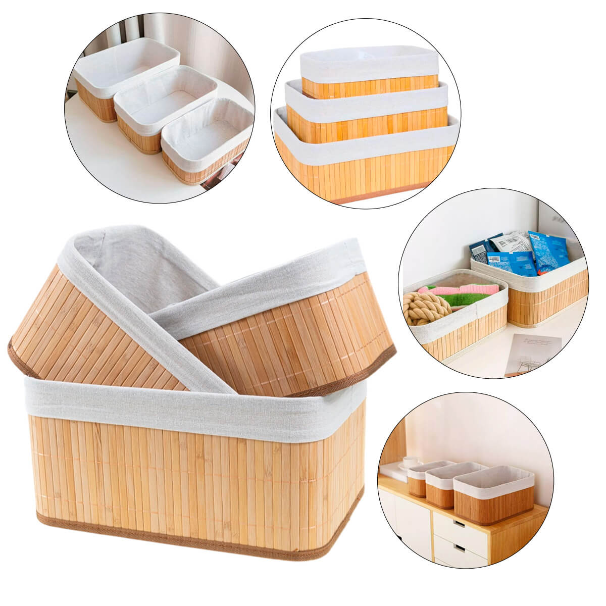 Kit de Cestos de Bambu 3 Peças com Forro para Cozinha e Banheiro Design Elegante - Meu Estilo Shop
