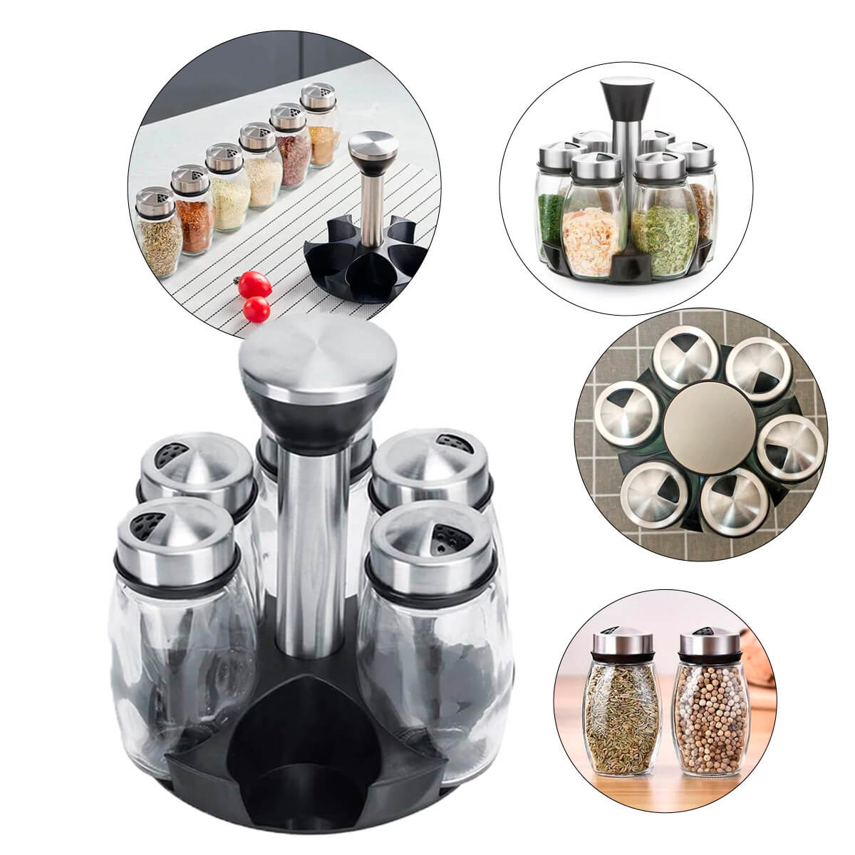 Kit Porta Temperos com 6 Frascos de Vidro de 100 ml e Base Giratória - Meu Estilo Shop