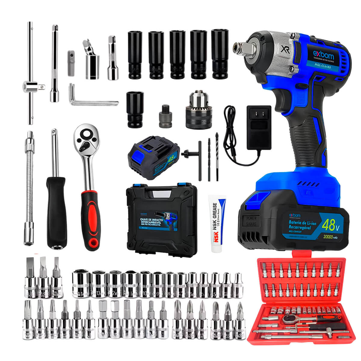 Kit Soquetes Chave Catraca com Chave de Impacto Furadeira Parafusadeira 48v Bivolt Recarregável - Meu Estilo Shop