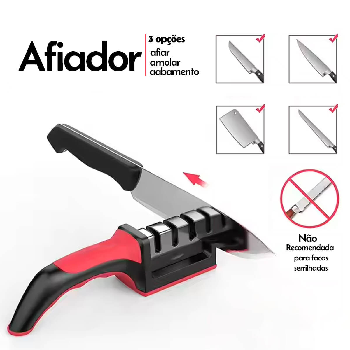 Afiador de Facas Manual com Cabo Emborrachado e 3 Estágios - Meu Estilo Shop