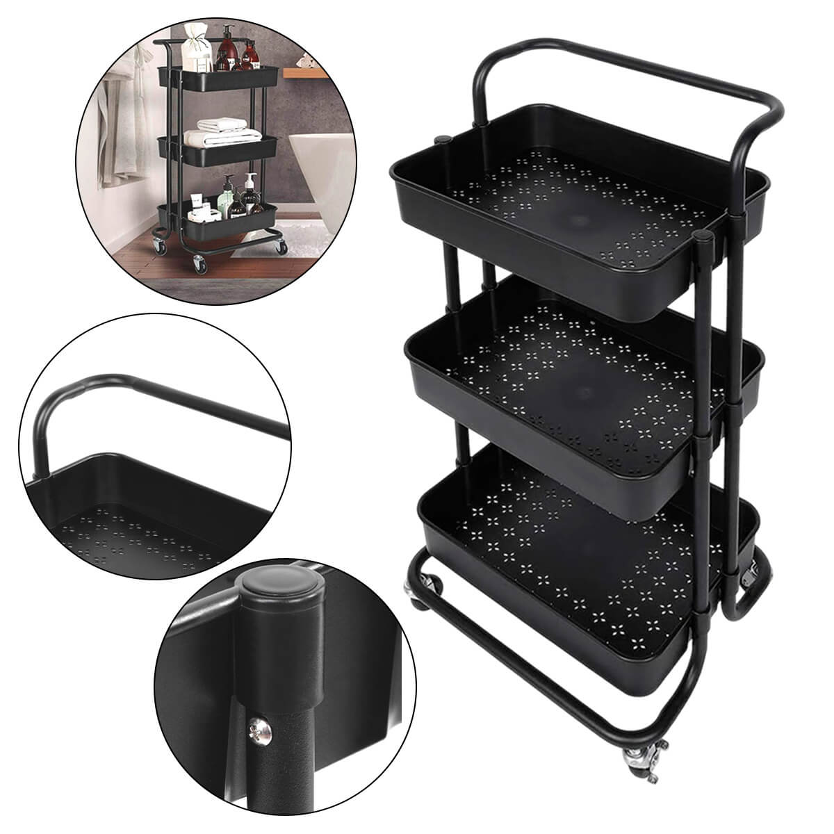 Carrinho Organizador Multiuso com Rodas 3 Prateleiras [Preto] - Meu Estilo Shop